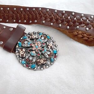 Leatherock Bejeweled Buckle Braided Leather Belt